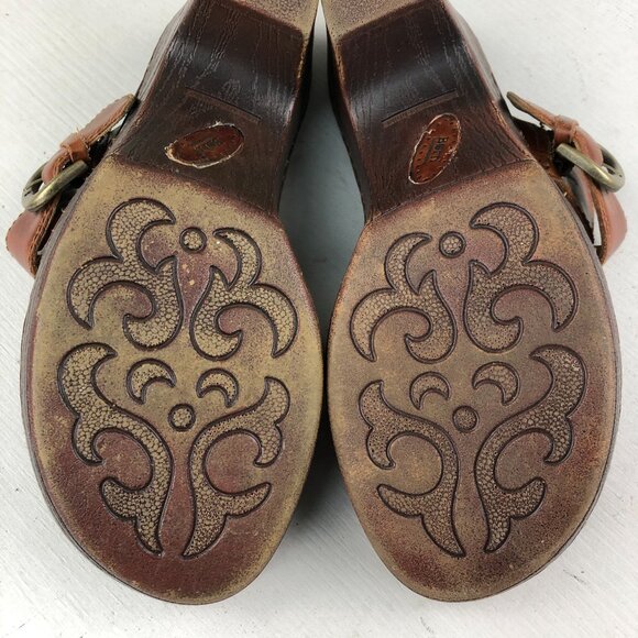 Born Women's 7 Tinari Brown Leather Open Toe Buckle Slip On High Heel Sandals - Picture 12 of 16